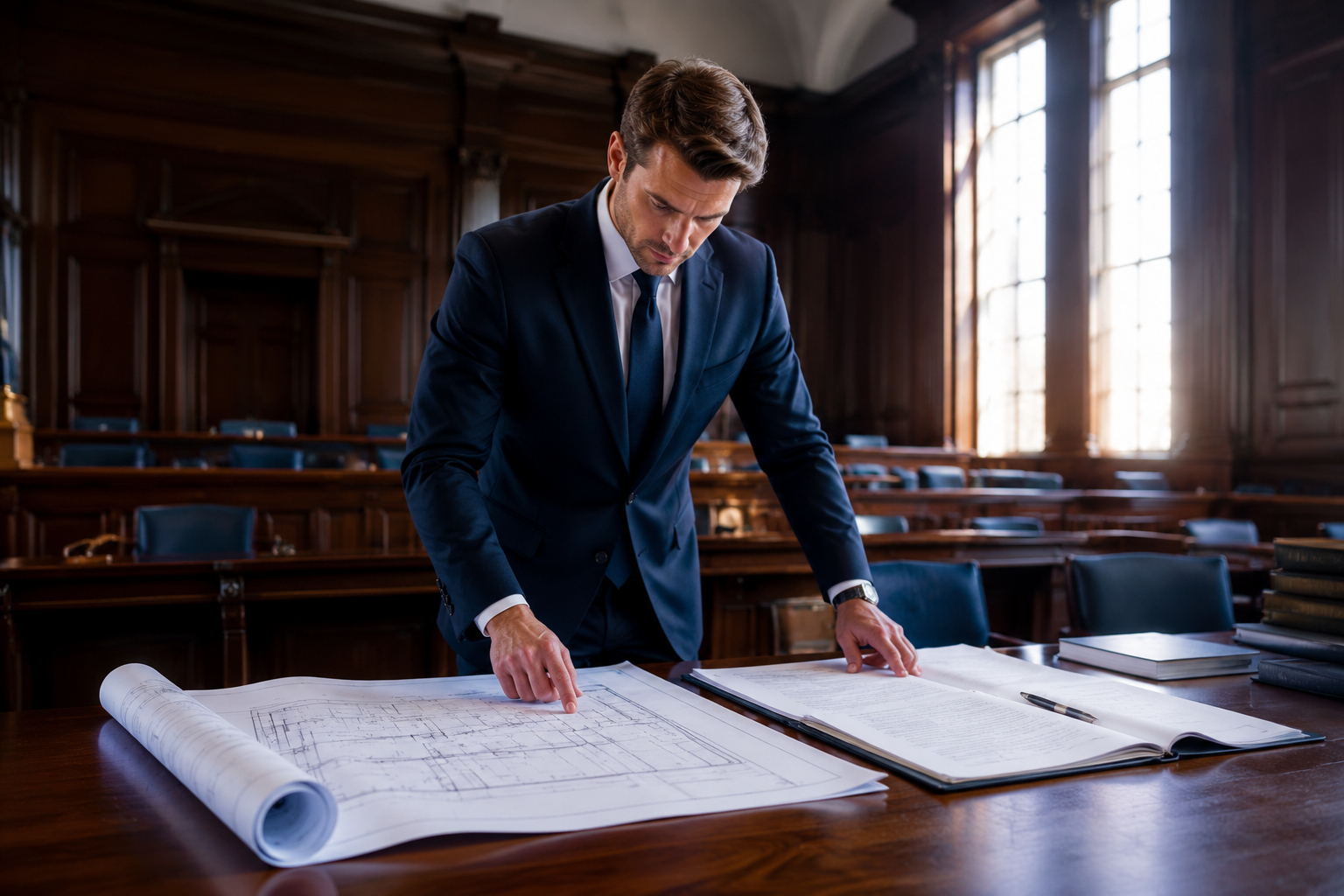 Professional () hero image showing a chartered surveyor in a formal suit standing at a large wooden courtroom-style table,