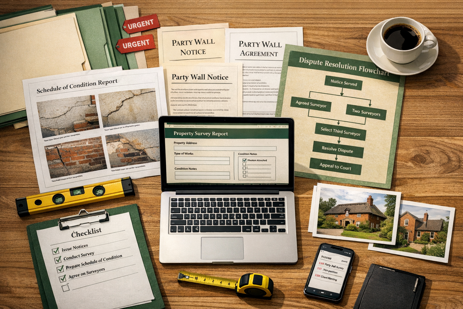 () professional office desk scene from above showing party wall survey documentation spread out including schedule of