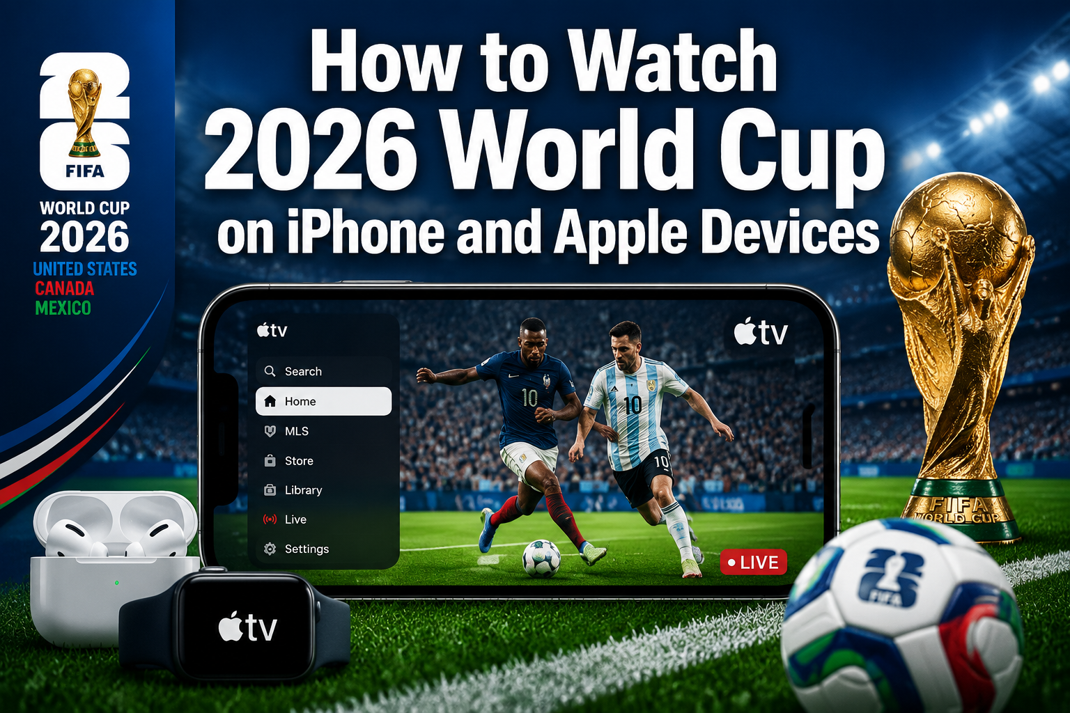 Professional () hero image featuring 'How to Watch 2026 World Cup on iPhone and Apple Devices' in extra large white with