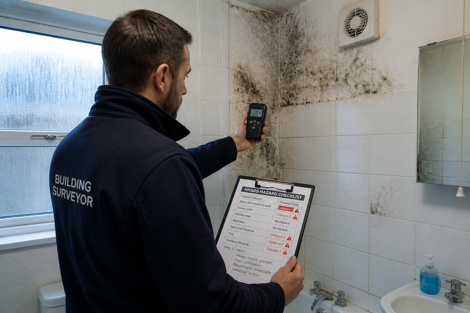 Wide-angle editorial photograph of a professional building surveyor examining a poorly ventilated bathroom in a social
