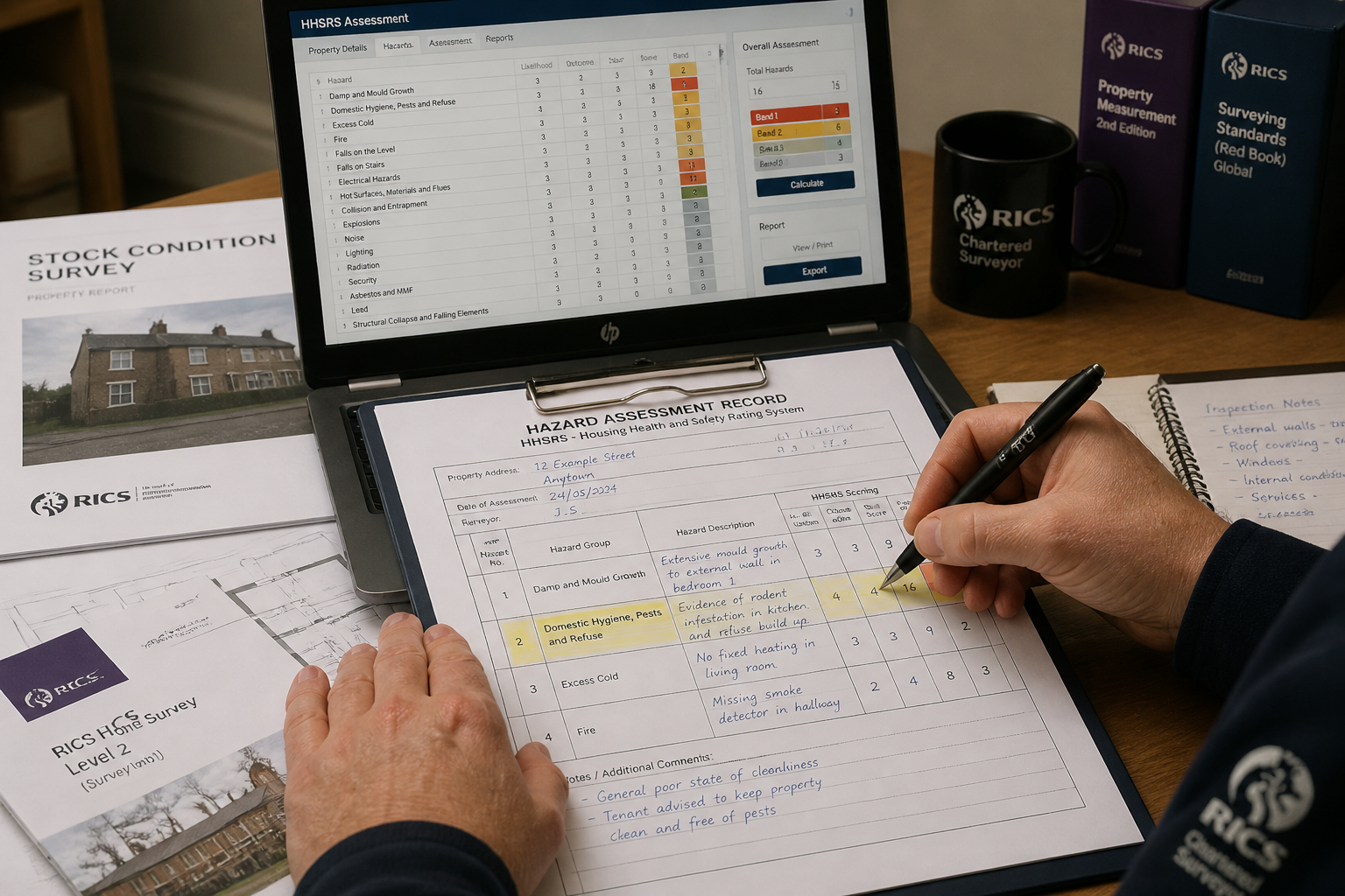 Close-up editorial photograph of an RICS chartered surveyor's hands writing detailed hazard assessment notes on a structured