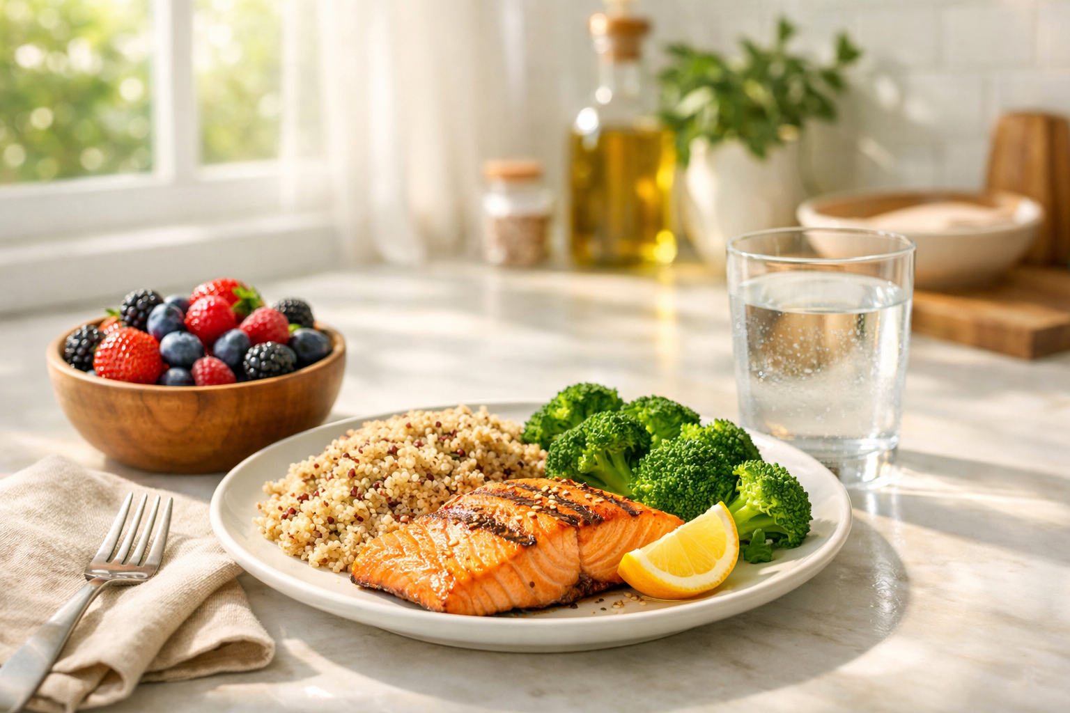 A professional landscape format (1536x1024) hero image representing balanced nutrition and weight loss. The scene features a bright, clean k