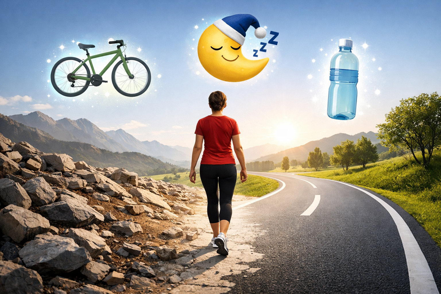 A landscape format (1536x1024) conceptual illustration of a person walking on a scenic path that transitions from a rocky terrain to a smoot