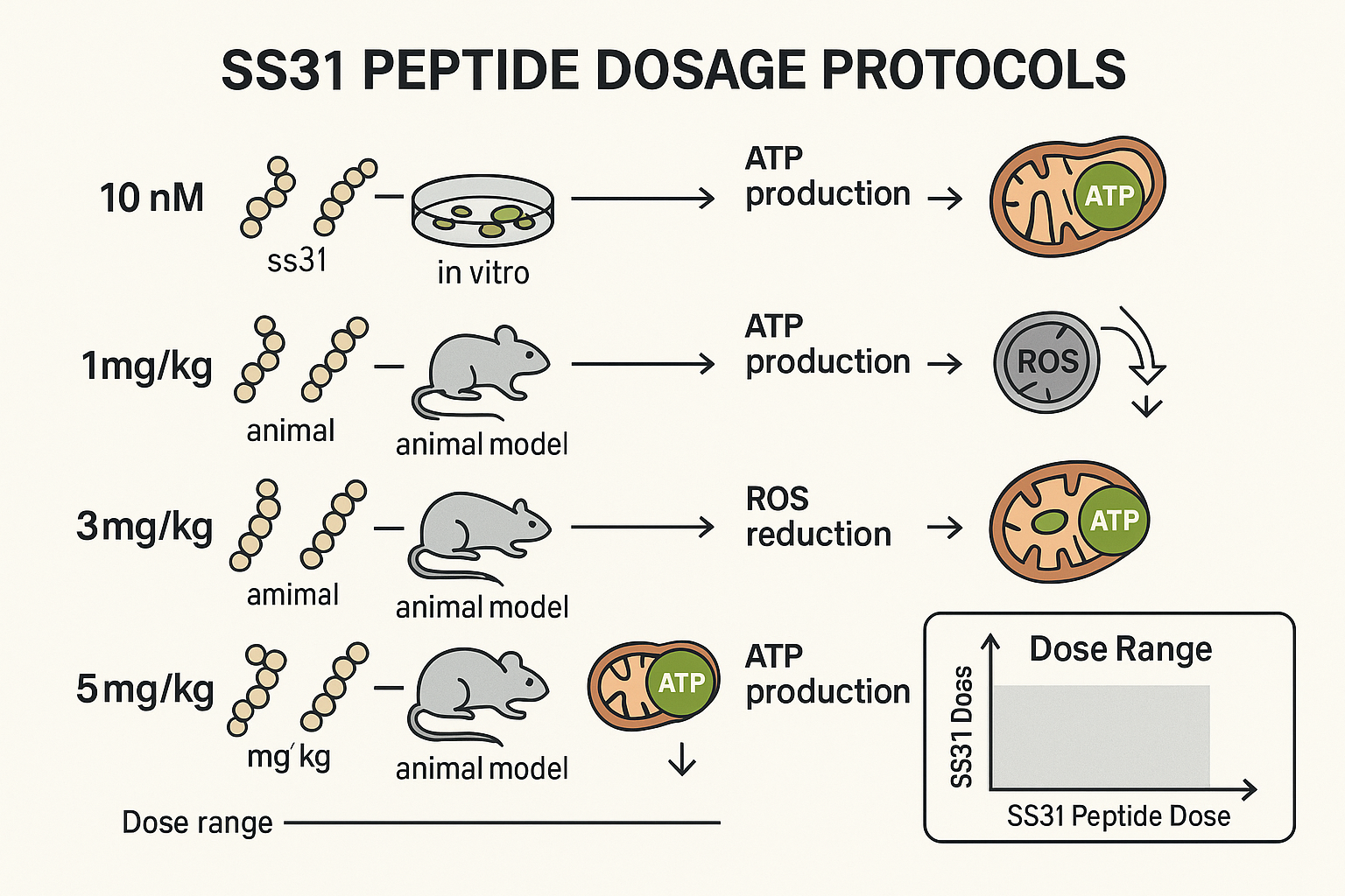 A detailed infographic illustrating various mots-c peptide dosage protocols and their observed effects in preclinical laboratory studies, show