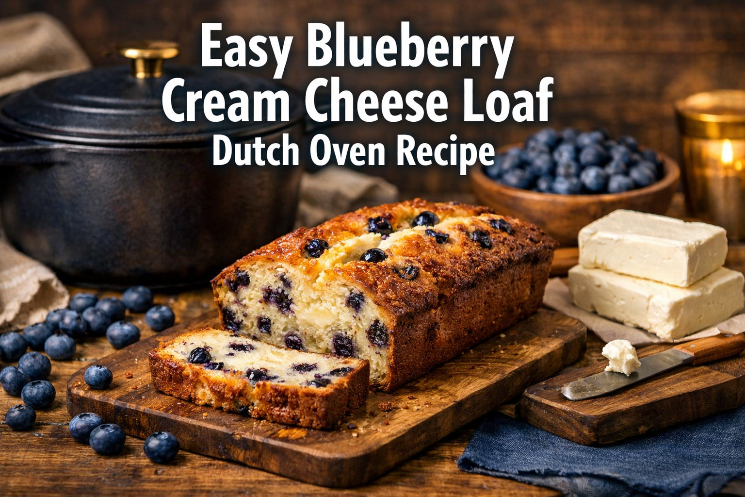 Professional landscape hero image (1536x1024) featuring bold text overlay 'Easy Blueberry Cream Cheese Loaf Dutch Oven Recipe' in extra larg