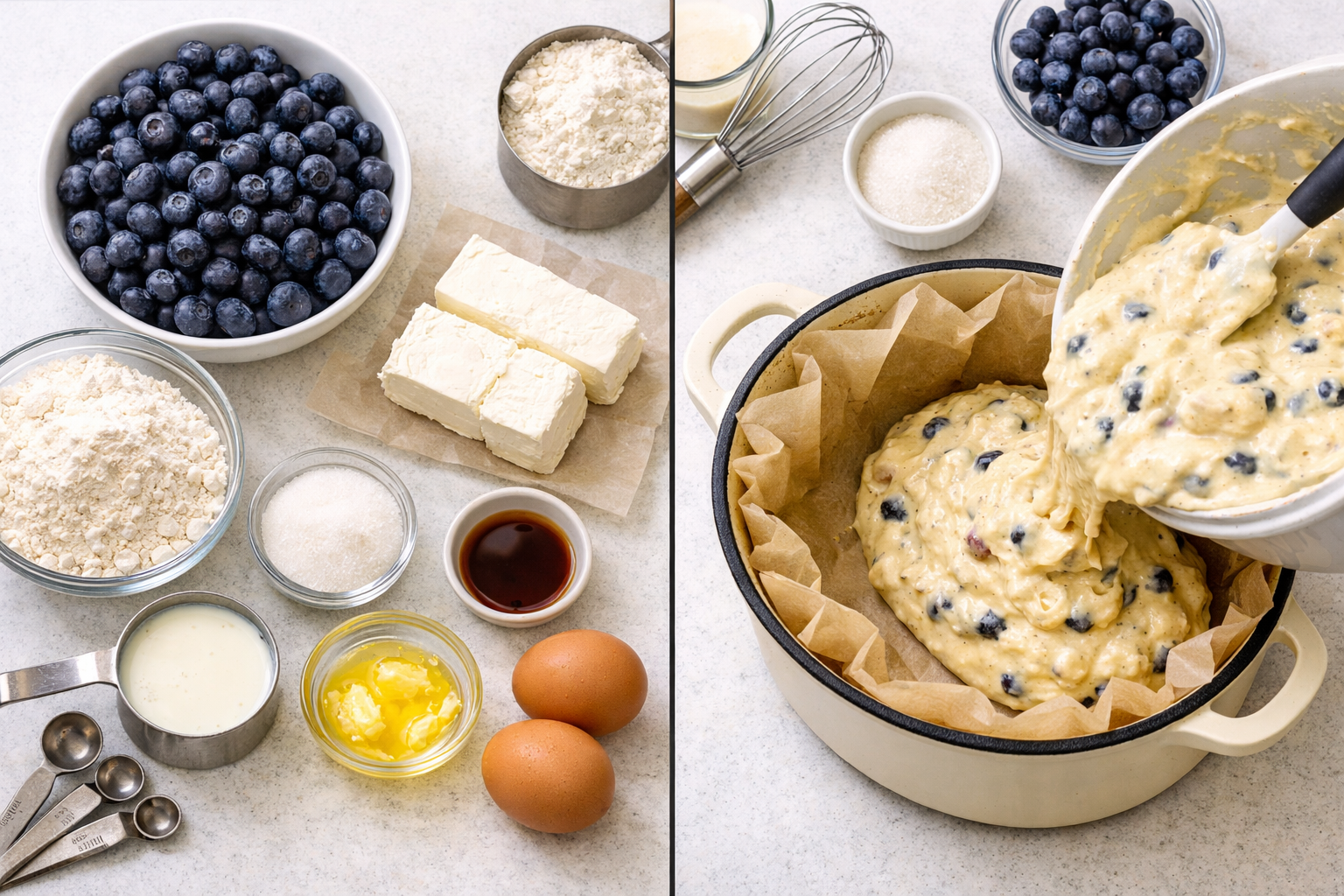 Detailed landscape image (1536x1024) showing step-by-step Dutch oven blueberry cream cheese loaf preparation process. Split composition feat