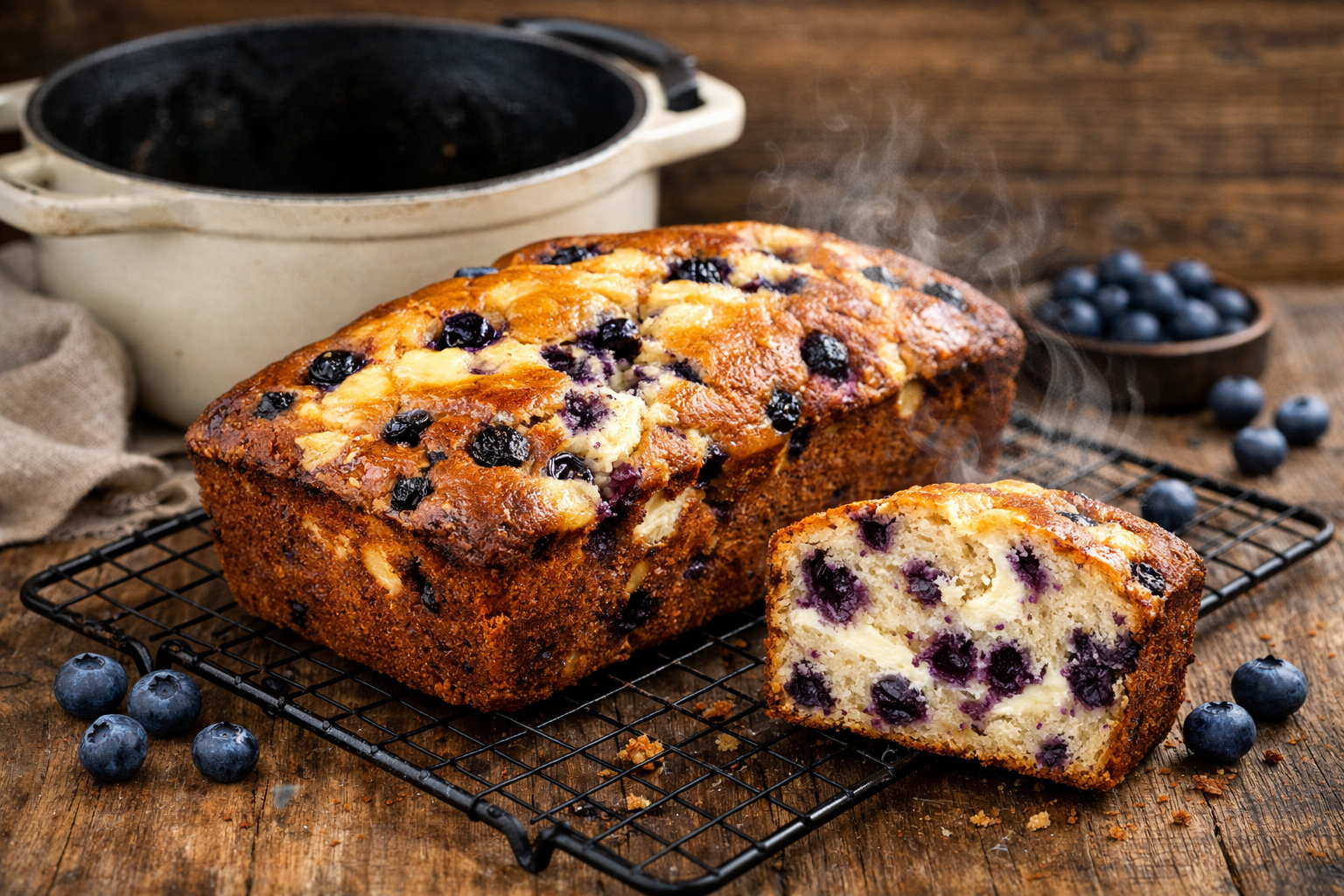 Professional landscape image (1536x1024) showcasing perfectly baked blueberry cream cheese loaf fresh from Dutch oven. Golden-brown loaf wit