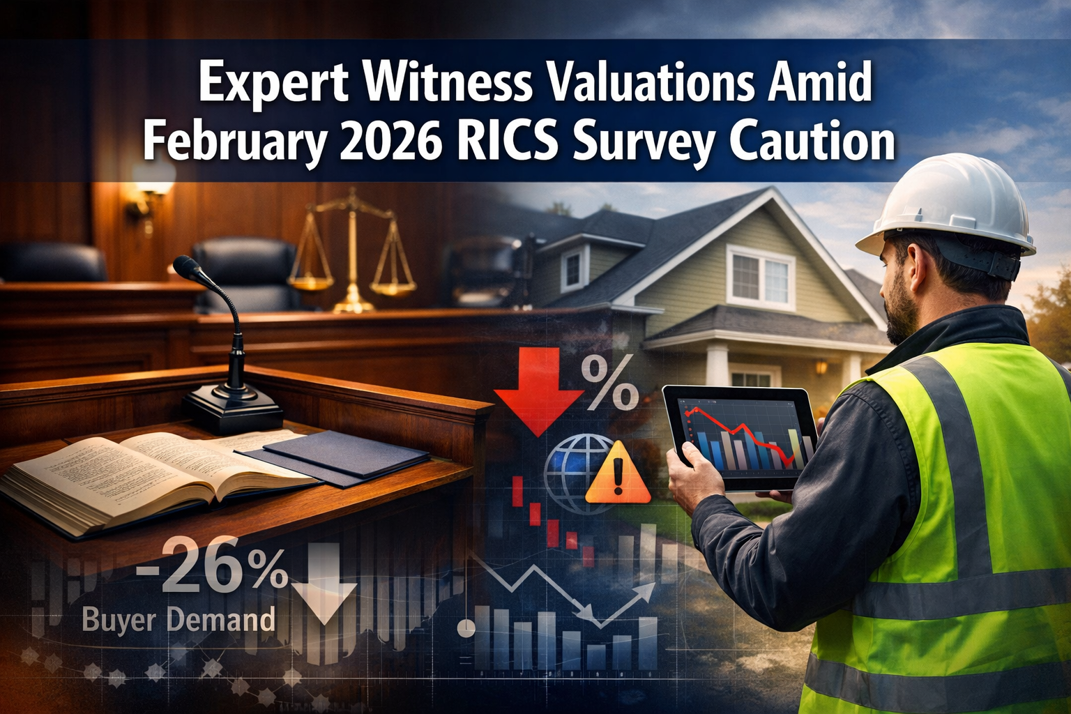 Professional () hero image featuring 'Expert Witness Valuations Amid February 2026 RICS Survey Caution' in extra large white