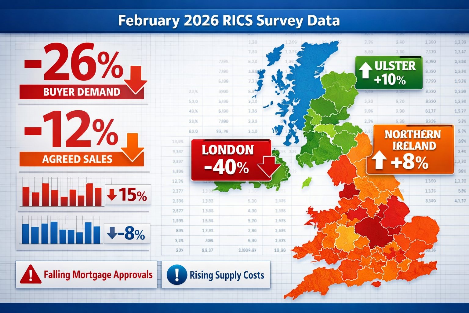 () detailed infographic showing February 2026 RICS survey data with large prominent statistics displayed as numbers: -26%