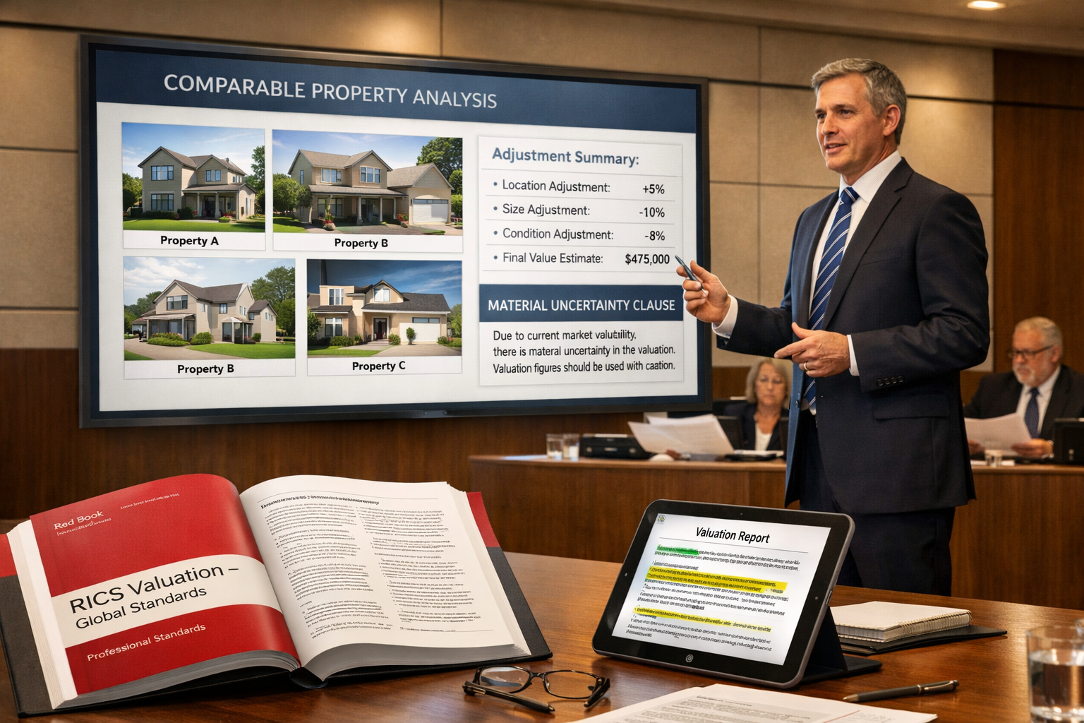 () professional scene showing expert witness surveyor in formal business attire presenting evidence in modern tribunal