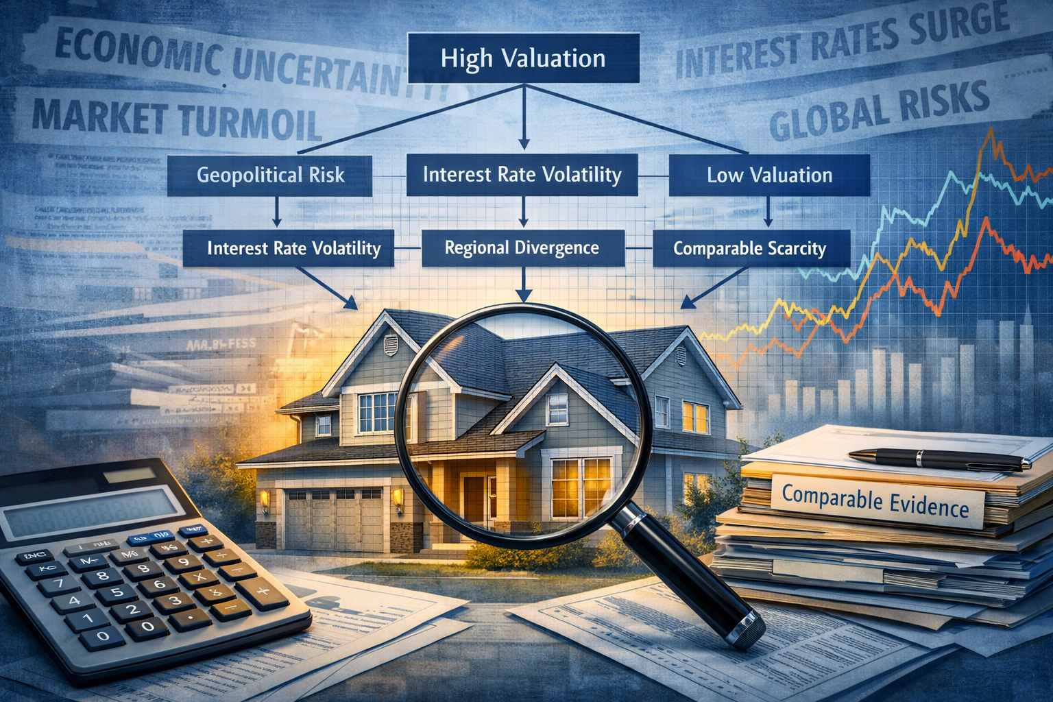 () conceptual illustration showing property valuation complexity in uncertain conditions: central image of residential