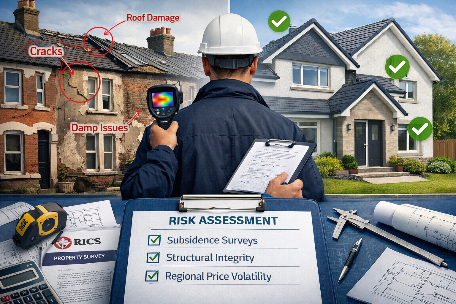 Landscape format (1536x1024) split composition showing two UK properties side-by-side: left side displays Victorian terraced house in London