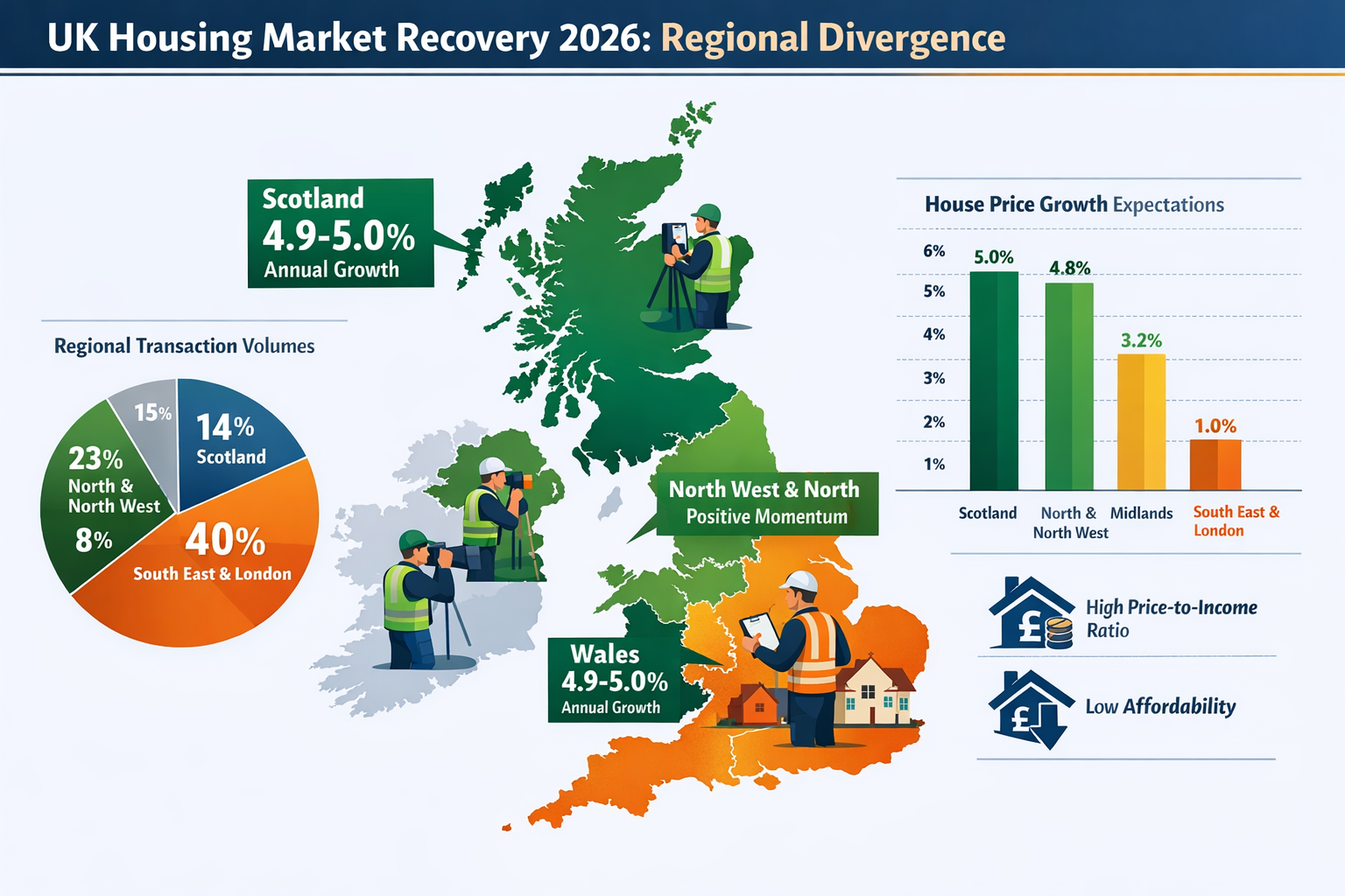 Landscape format (1536x1024) UK map infographic showing dramatic regional housing market performance divergence for 2026 recovery. Scotland