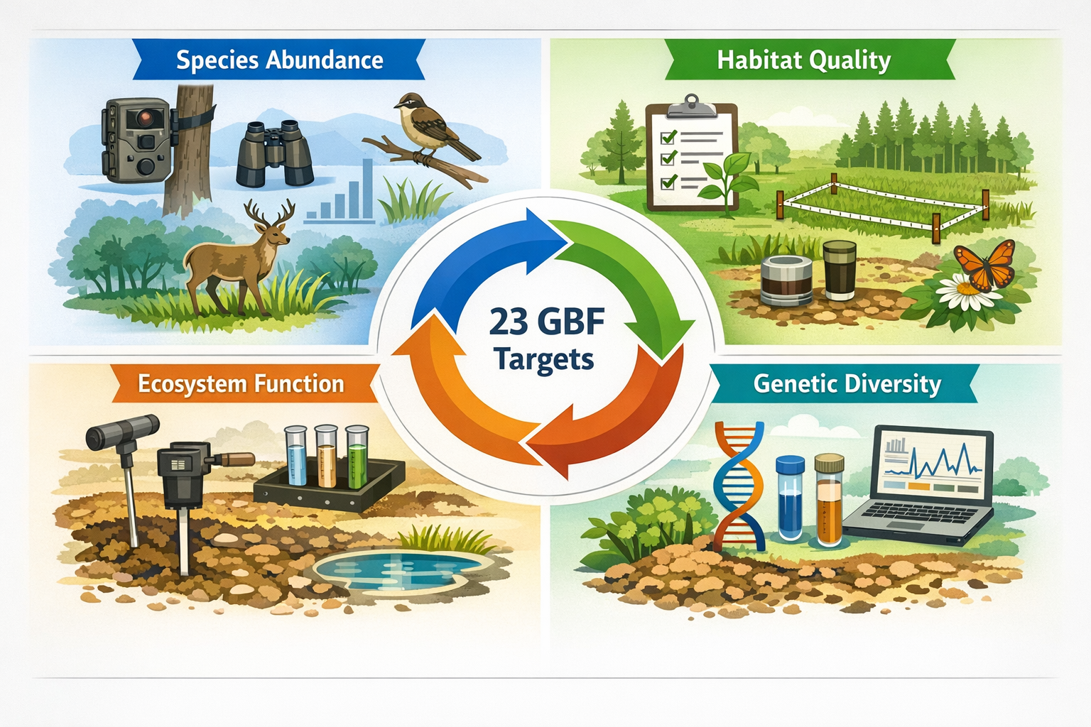 Detailed () image showing comprehensive biodiversity monitoring framework diagram with four quadrants labeled 'Species