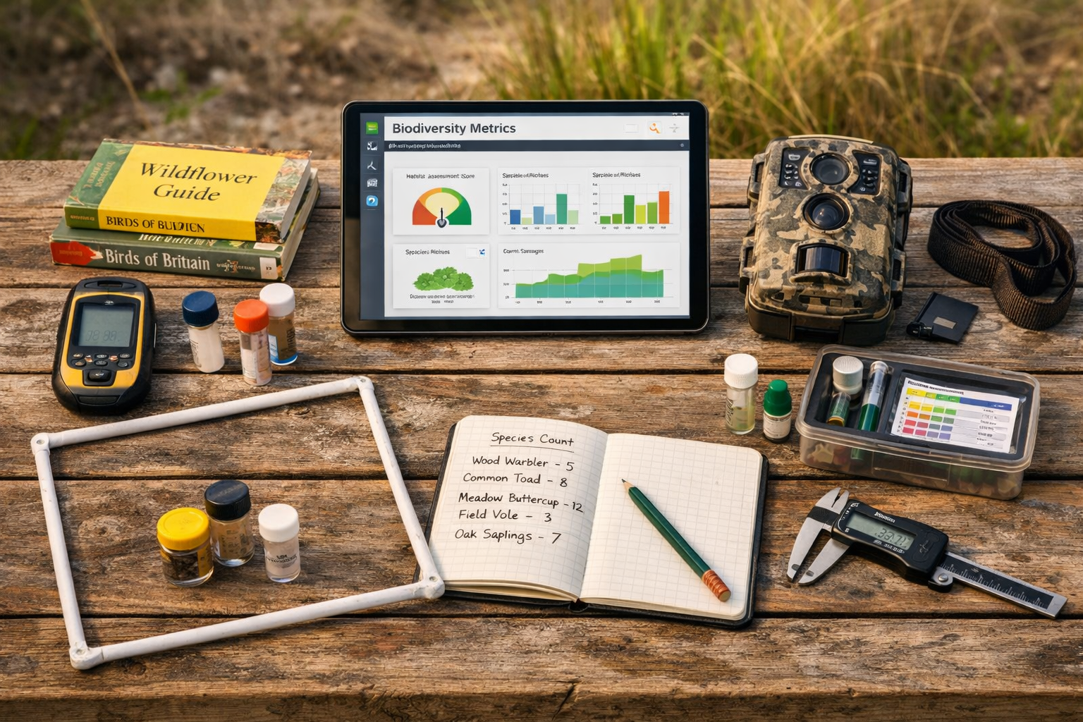 Detailed () image depicting field practitioner's survey toolkit laid out on weathered wooden field table in natural outdoor