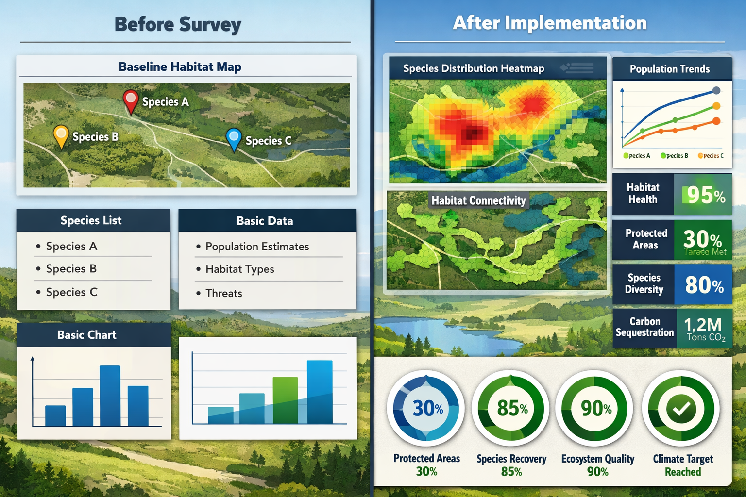 Detailed () split-screen comparison image showing 'Before Survey' and 'After Implementation' of biodiversity monitoring