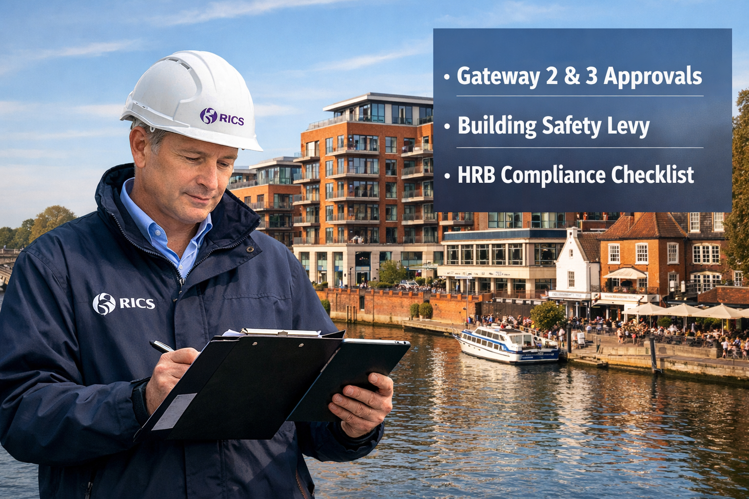 Detailed () showing a Kingston-upon-Thames riverside streetscape with modern apartment blocks in the background, a