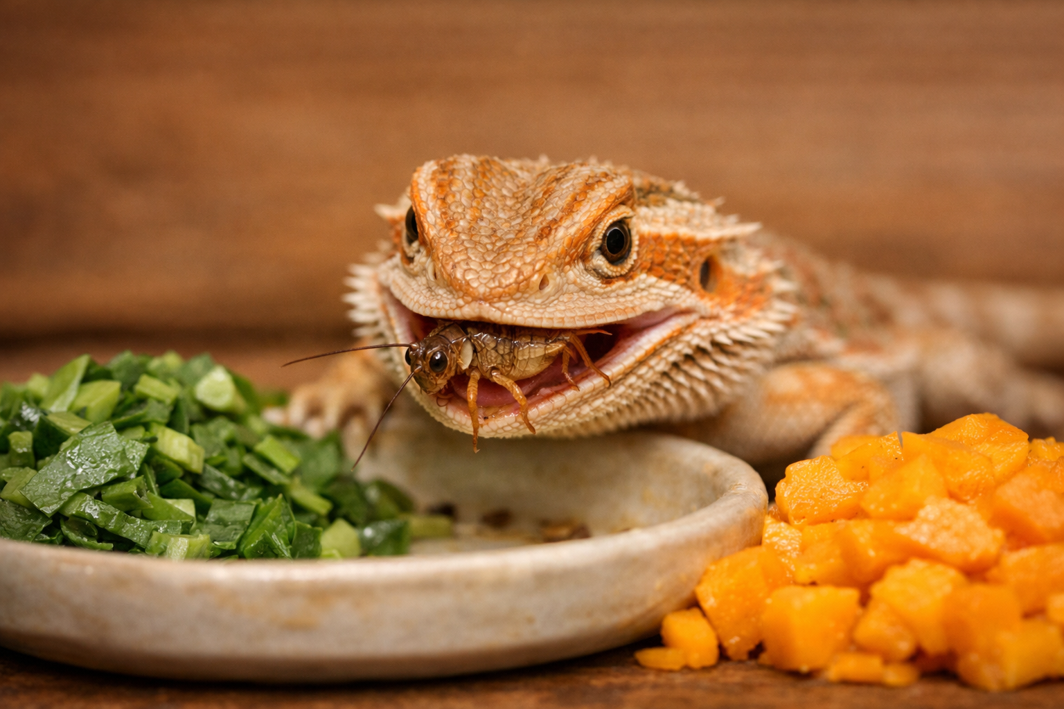 () close-up editorial photo of a juvenile bearded dragon eating a live cricket from a shallow ceramic dish, with finely