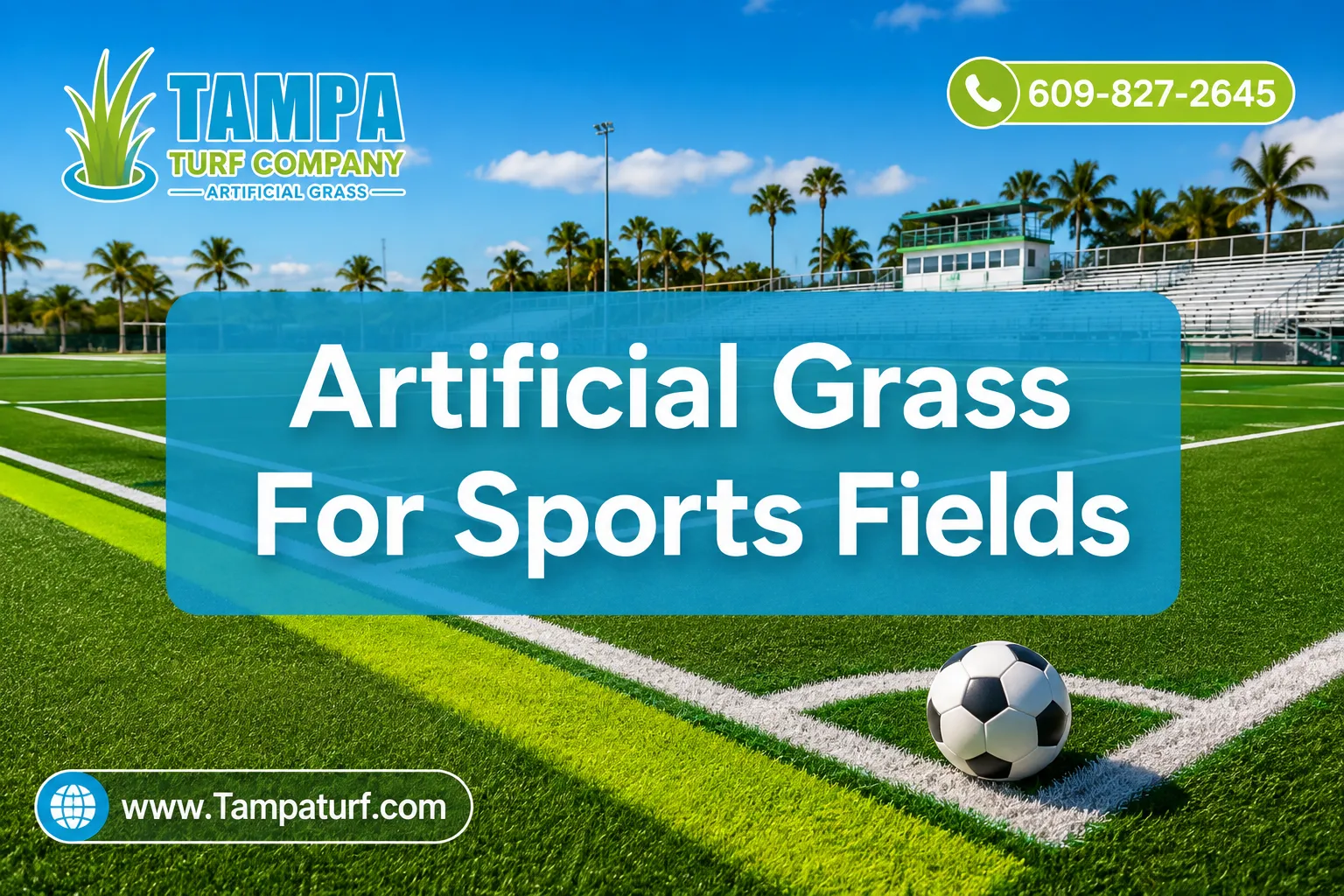 Professional () editorial hero image with SHORT reading 'Artificial Grass For Sports Fields' in crisp white modern on a