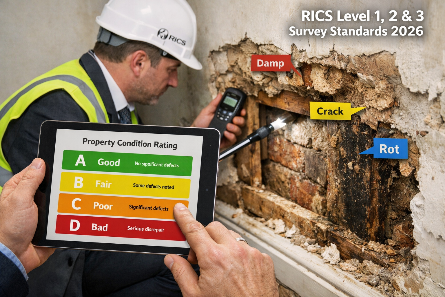 Detailed () image showing close-up of RICS surveyor conducting Level 3 building survey inspection inside UK property.