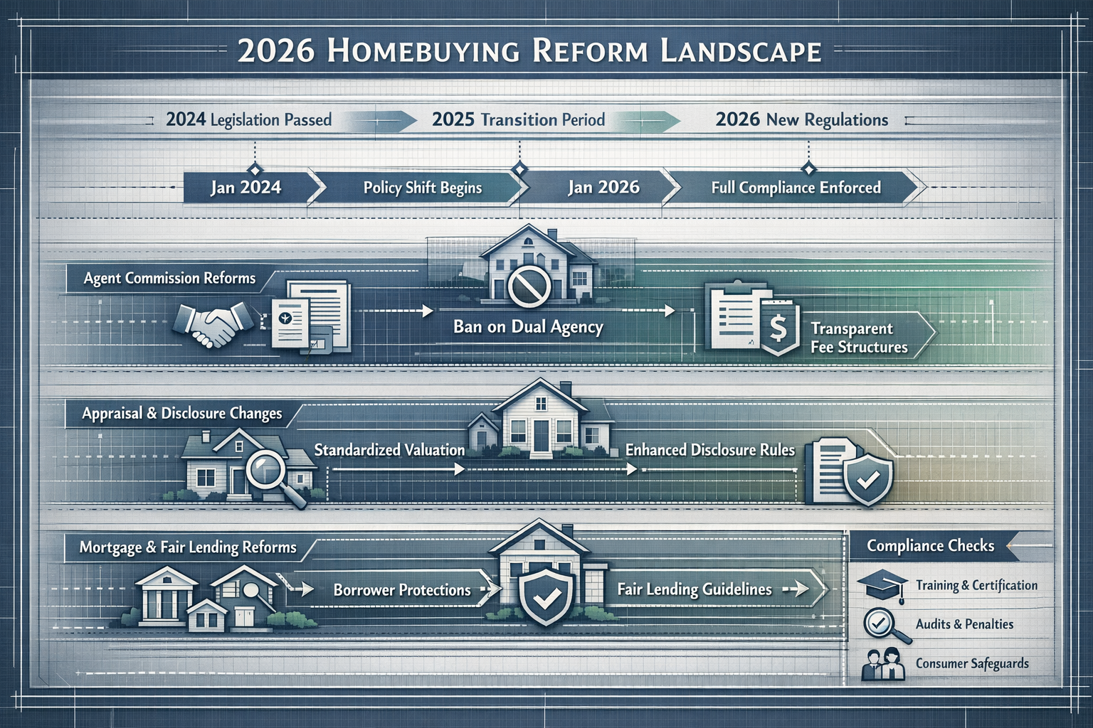 Detailed editorial-style infographic illustrating the 2026 Homebuying Reform Landscape, featuring a multi-layered timeline