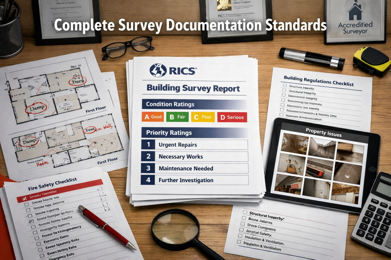 Detailed () image showing professional surveyor's desk workspace with comprehensive building survey report documentation