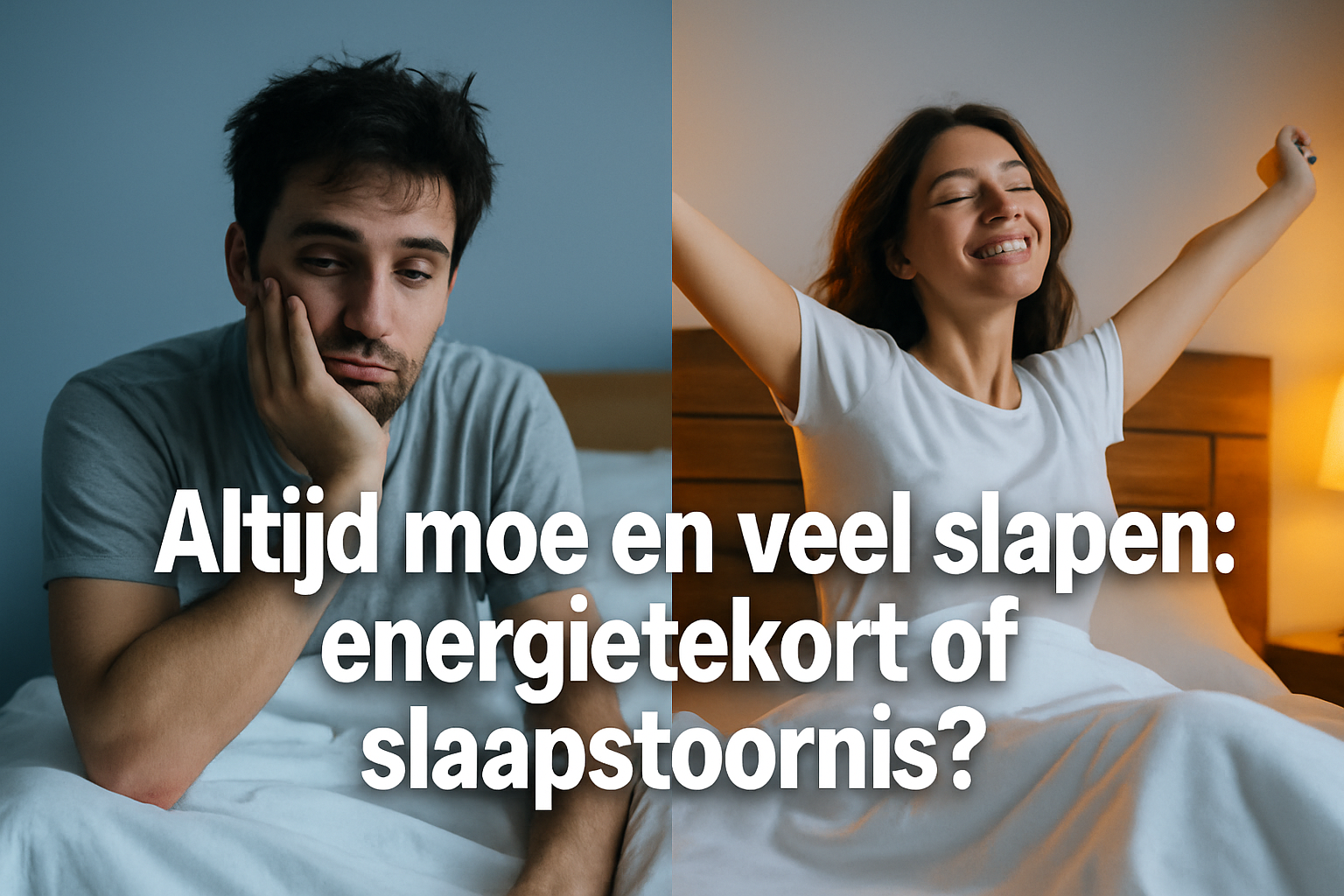 Professional landscape hero image (1536x1024) featuring bold text overlay 'Altijd moe en veel slapen: energietekort of slaapstoornis?' in ex