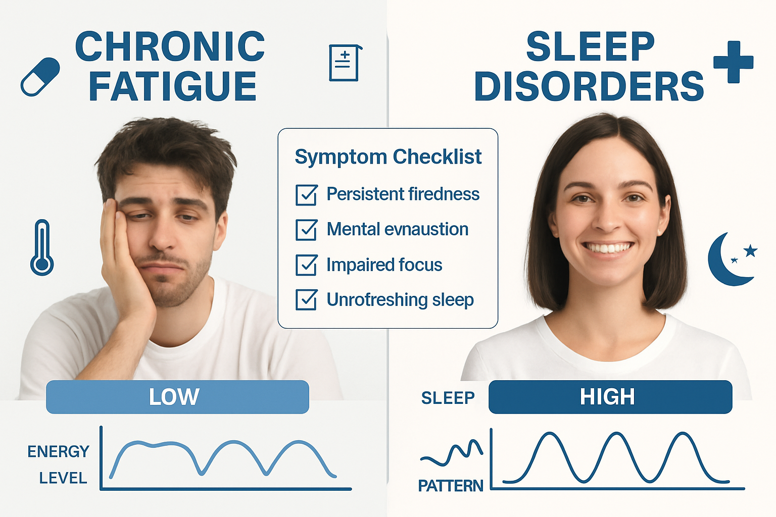 Detailed infographic showing difference between chronic fatigue and sleep disorders, split-screen comparison with tired person vs refreshed 