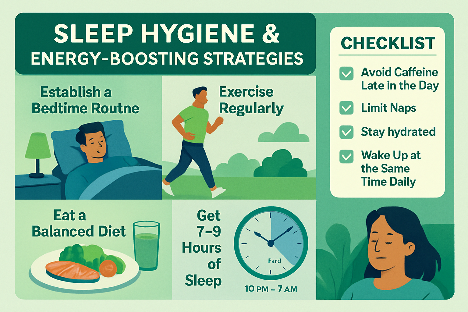 Visual guide showing sleep hygiene techniques and energy-boosting strategies, step-by-step illustrations of bedtime routine, exercise, nutri