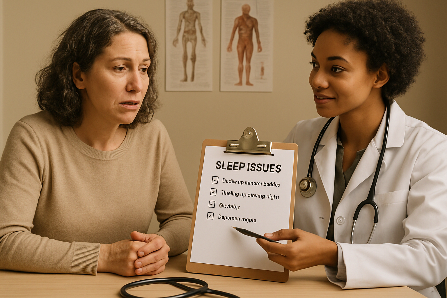 Professional medical consultation scene showing patient discussing sleep issues with healthcare provider, clipboard with symptoms checklist,