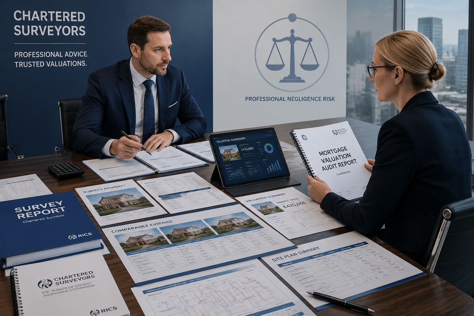 Wide-angle editorial photograph of a professional chartered surveyor at a large conference table covered with mortgage