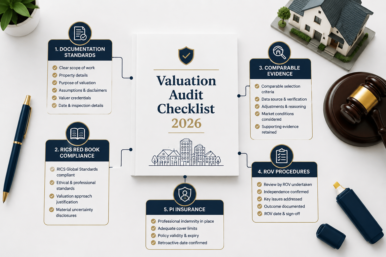 Flat-lay infographic-style editorial image showing a structured compliance framework diagram on a white desk surface: a