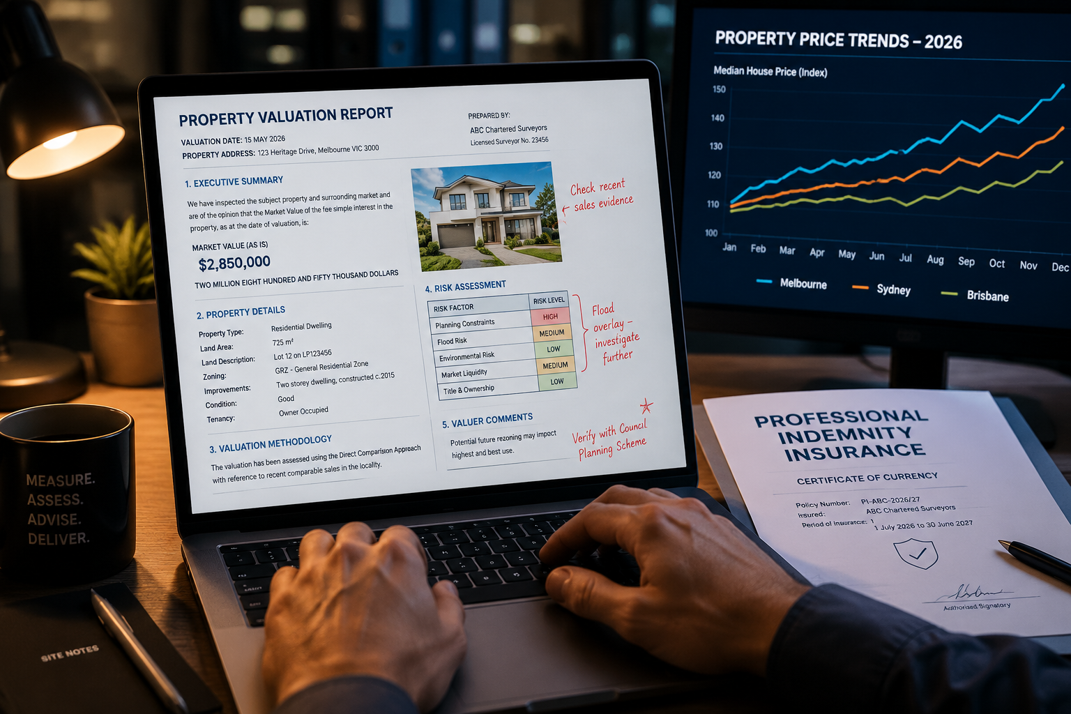 Close-up editorial shot of a surveyor's hands typing on a laptop with a screen showing a detailed property valuation report