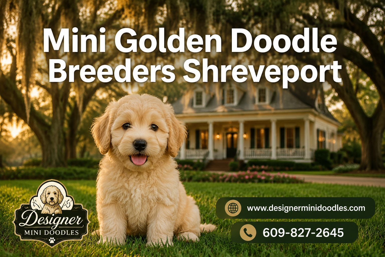 Professional () hero image with : 'Mini Golden Doodle Breeders Shreveport' in extra large white with dark effect, centered