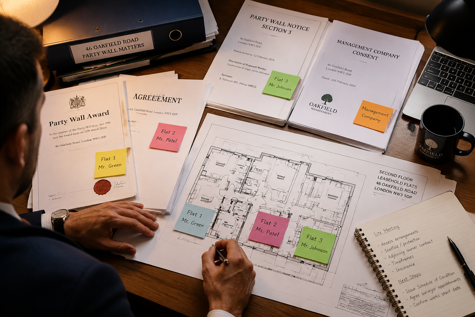 Detailed () editorial illustration showing a surveyor at a desk surrounded by stacked legal documents, party wall notices,
