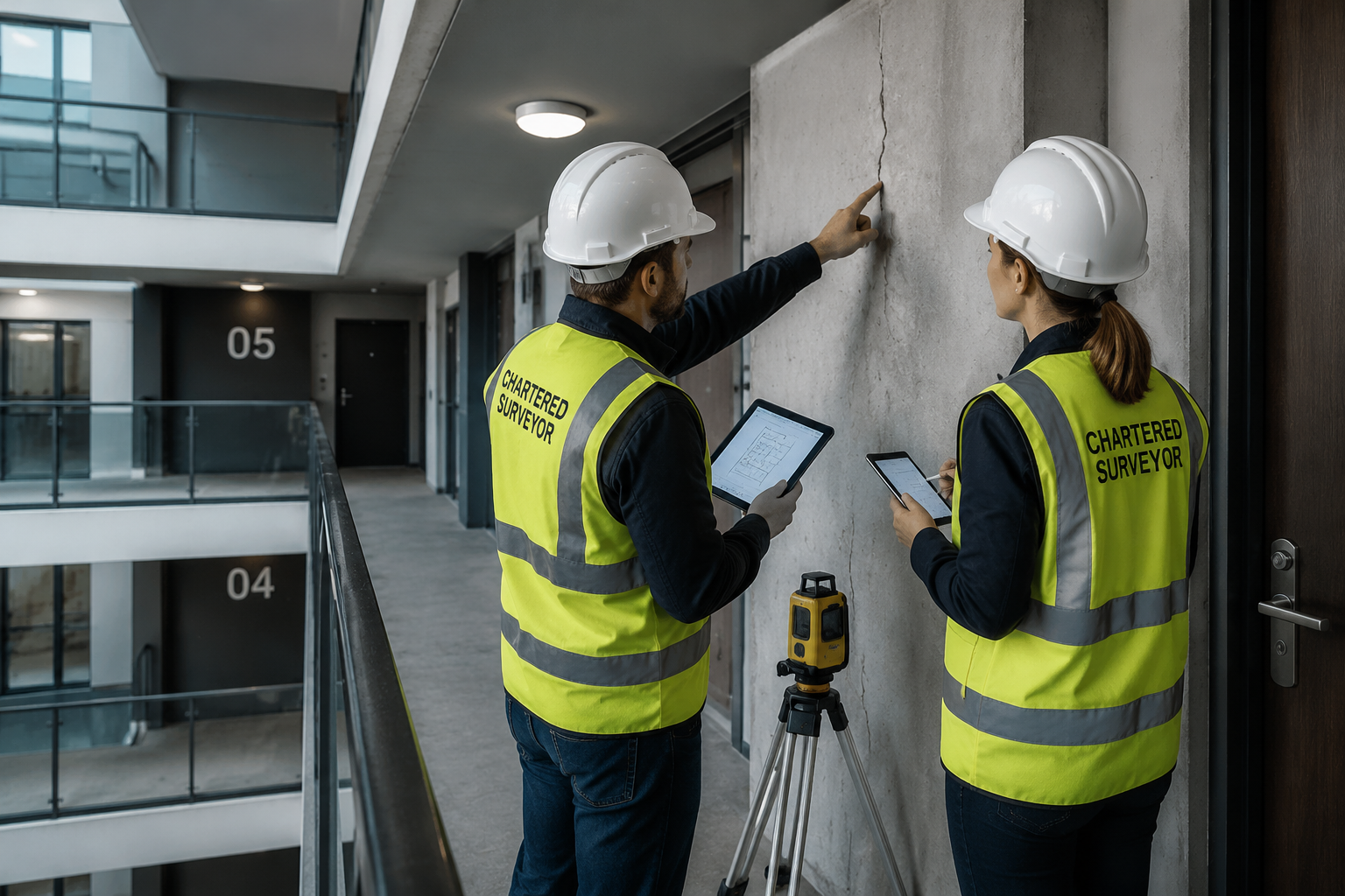 () wide-angle view of a modern apartment building interior corridor showing a structural wall being assessed by two