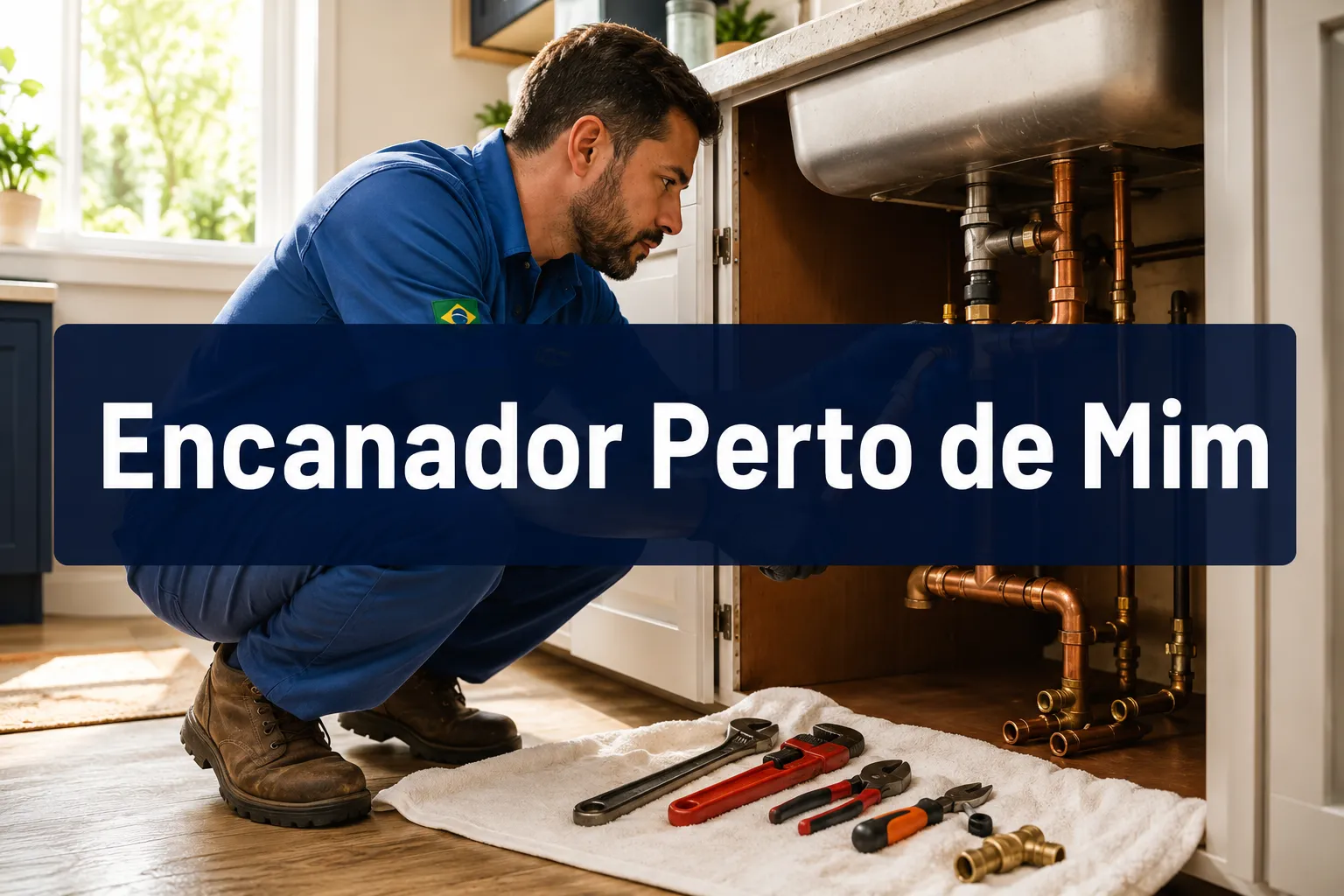 Professional () hero image with centered 'Encanador Perto de Mim' in crisp white modern on a deep navy semi-transparent