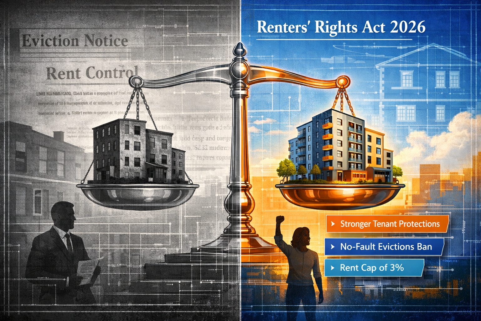 Section 2: Understanding the Renters' Rights Act 2026 - A split-screen editorial illustration depicting the evolution of