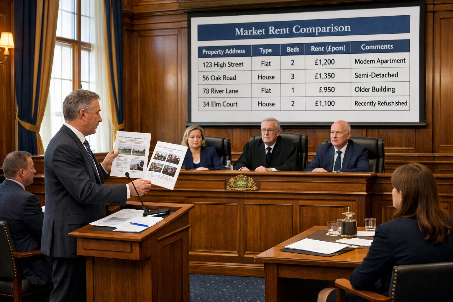 () wide-angle courtroom or tribunal setting showing a chartered building surveyor standing at a podium presenting printed