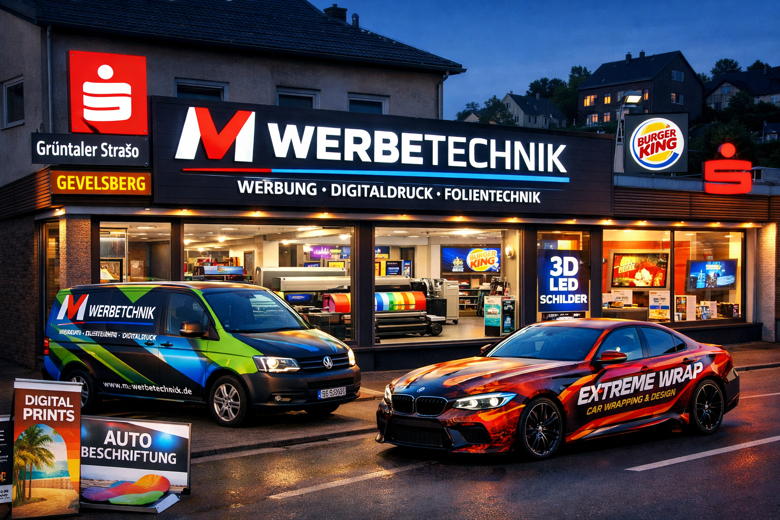 Landscape format (1536x1024) image showing Gevelsberg cityscape with prominent business signage and illuminated storefront displays, featuri