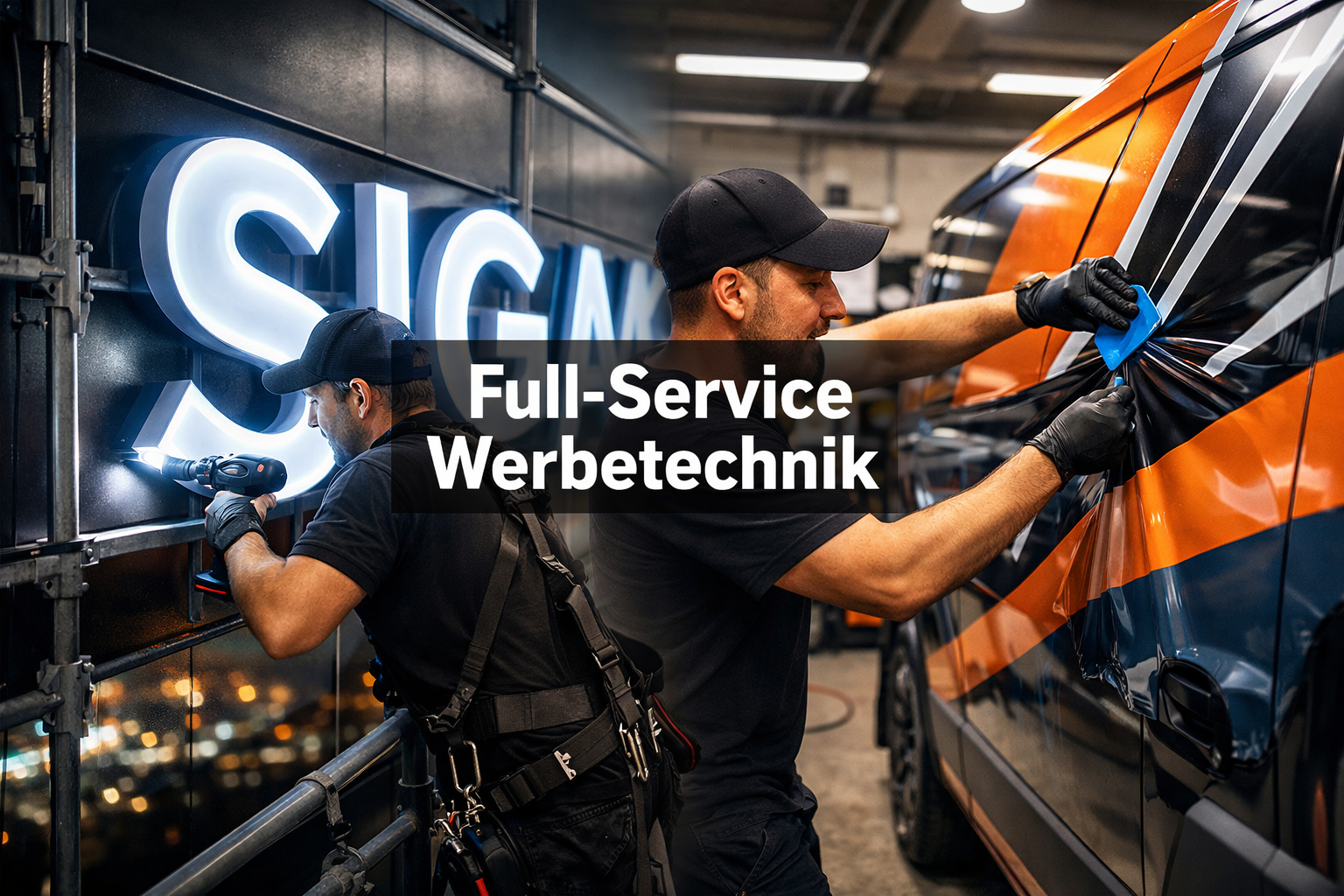 Professional landscape (1536x1024) showcasing comprehensive werbetechnik services with split-screen layout: left side shows illuminated chan