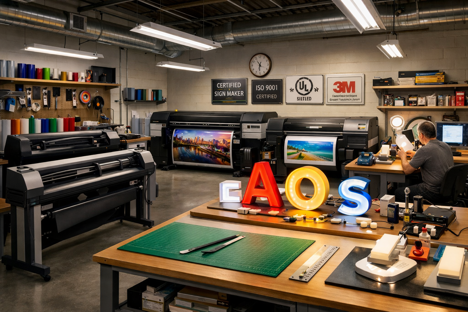 Detailed landscape (1536x1024) image of master craftsman workshop interior featuring vinyl cutting plotters, digital wide-format printers, i