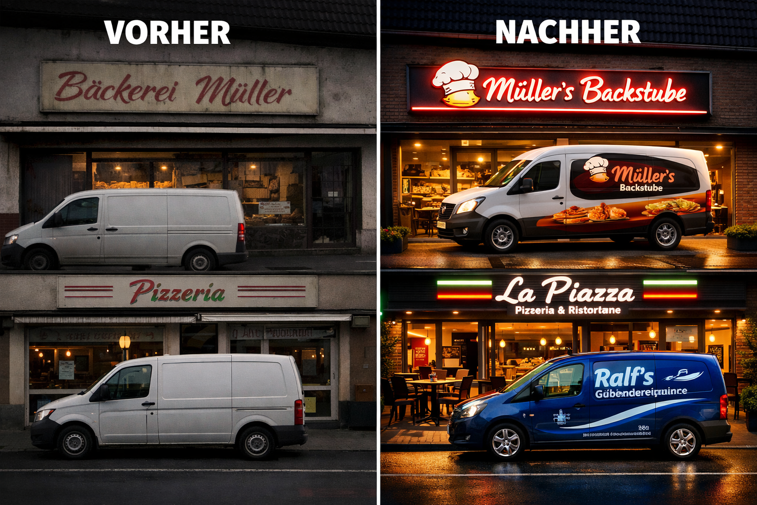 Landscape format (1536x1024) comparison visual showing before/after business transformations through professional signage, featuring local G