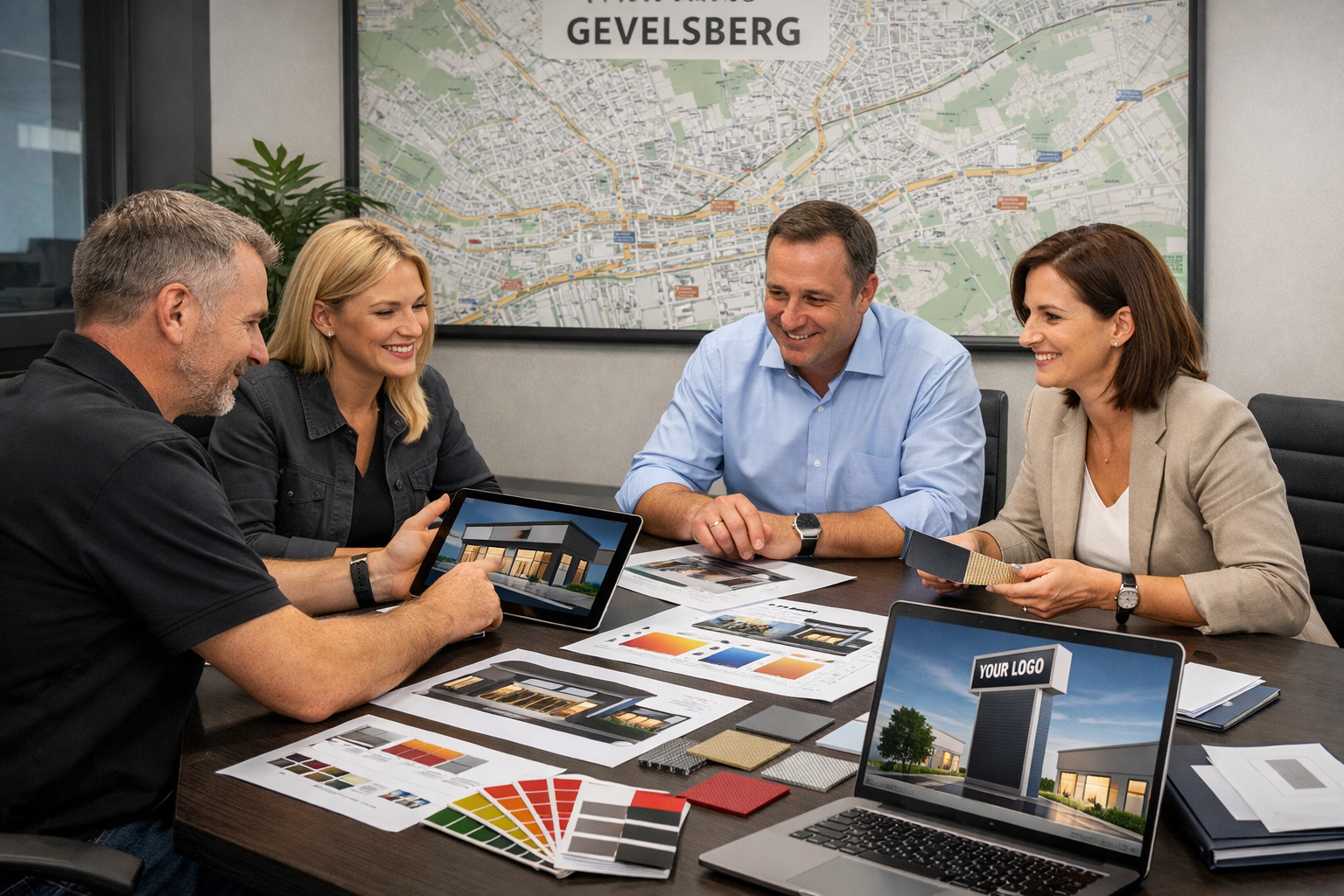 Professional landscape (1536x1024) image depicting consultation meeting between werbetechnik specialists and business owners, with design mo
