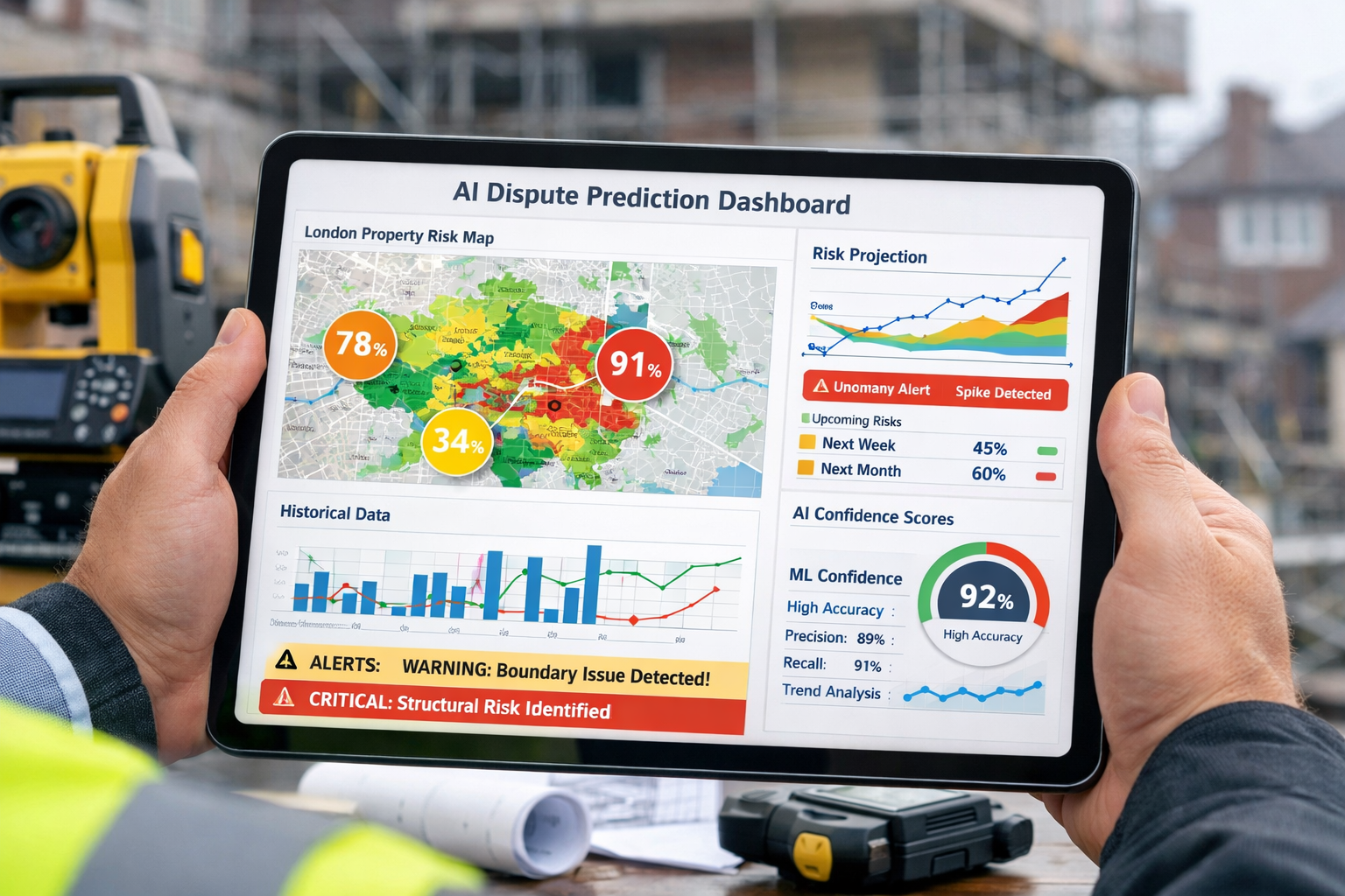Detailed () image showing close-up of modern tablet or large touchscreen display held by surveyor in professional attire,