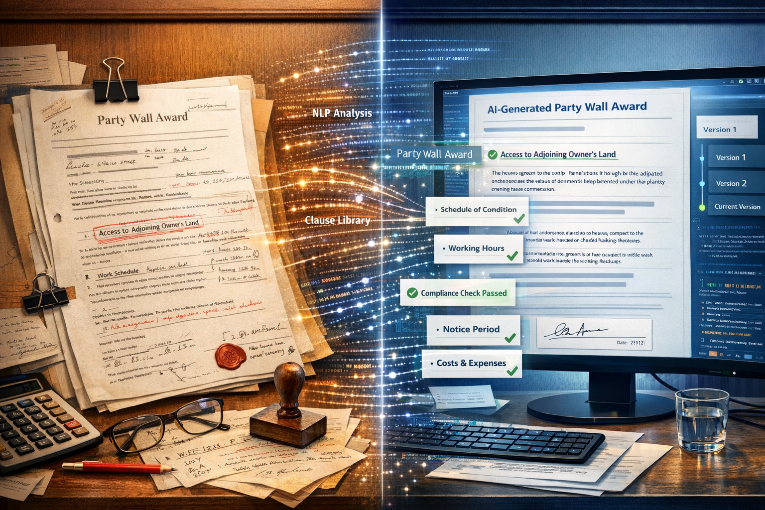 Detailed () image depicting automated award drafting process through AI visualization. Split-screen composition showing