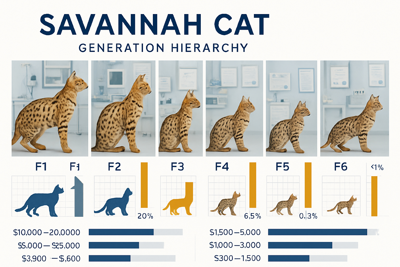 Detailed infographic showing Savannah cat generation hierarchy from F1 to F6, featuring side-by-side comparison photos of cats at each gener