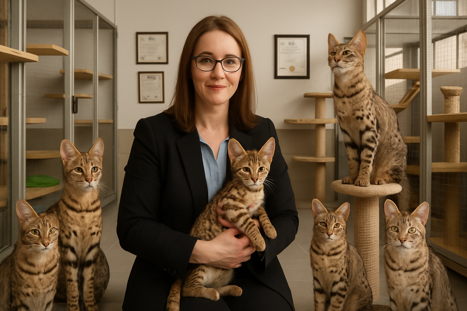 Professional portrait composition showing experienced Savannah cat breeder Melissa Morris in modern cattery facility, surrounded by multiple