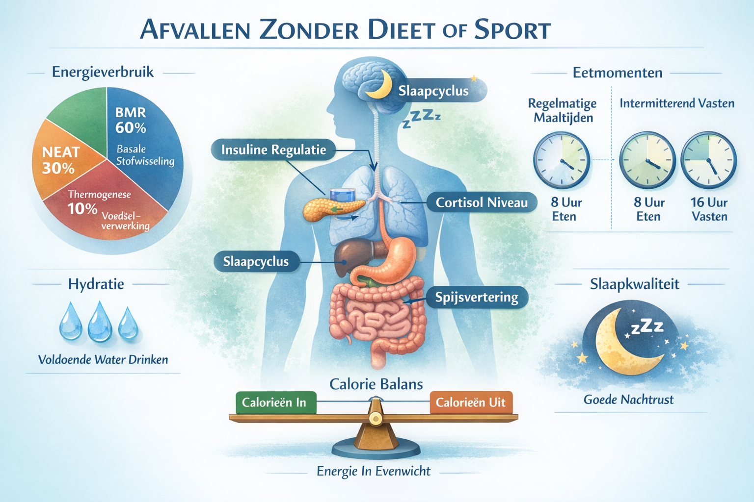 Detailed infographic illustration (1536x1024) showing the science behind weight loss without diet or exercise, featuring a clean visual brea