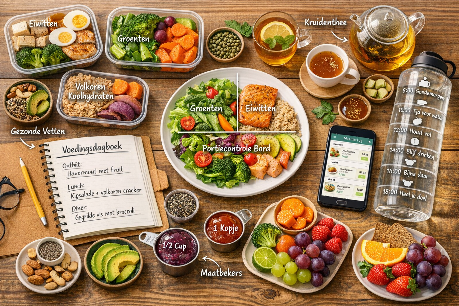 Vibrant lifestyle composition (1536x1024) showcasing practical nutrition strategies for weight loss without restrictive dieting. Flat lay ph
